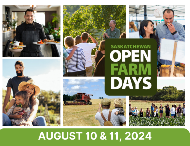 Photo collage of farms, agriculture and families experiencing agriculture. Saskatchewan open Farm Days logo.