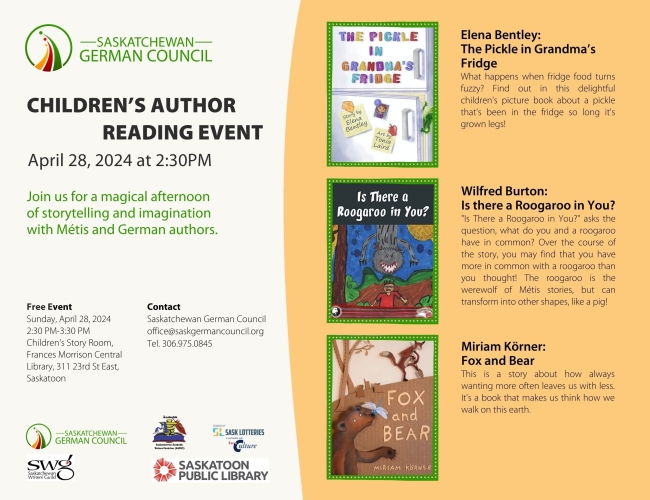 Children's Author Reading Event, the books 'The Pickle in Grandma's Fridge', 'Is there a Roogaroo in You? and 'Fox and Bear' will be presented.