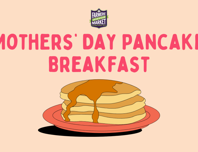 cartoon drawn pancakes on a pink plate with syrup, with Mothers' day Pancake Breakfast written