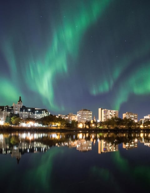 The northern lights over the city of Saskatoon at night